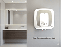 Front view of the Padmini Pluto 25L water heater, highlighting its outer temperature control knob. Front view of the Padmini Pluto 25L water heater, highlighting its outer temperature control knob.