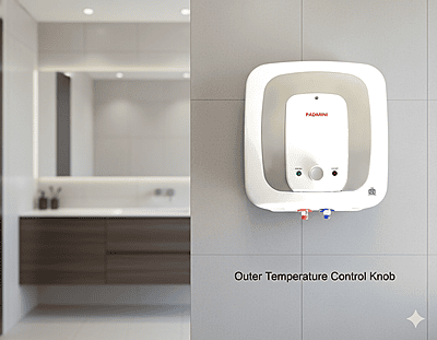 Front view of the Padmini Pluto 25L water heater, highlighting its outer temperature control knob. Front view of the Padmini Pluto 25L water heater, highlighting its outer temperature control knob.