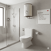 The sleek vertical design of the Usha Misty 35L ivory gold water heater. The sleek vertical design of the Usha Misty 35L ivory gold water heater.