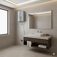 Usha 50L Misty water heater mounted on a modern bathroom wall. Usha 50L Misty water heater mounted on a modern bathroom wall.