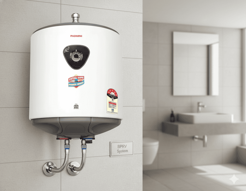 A graphic showing the BPRV system of the Padmini 10L geyser, ideal for high-rise buildings.