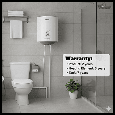 The Usha 25-liter Warmboy water heater installed in a modern bathroom setting.