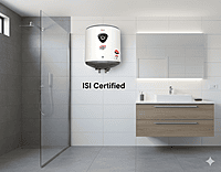 A close-up of the ISI Certified logo on the body of the Padmini 10L water heater. A close-up of the ISI Certified logo on the body of the Padmini 10L water heater.