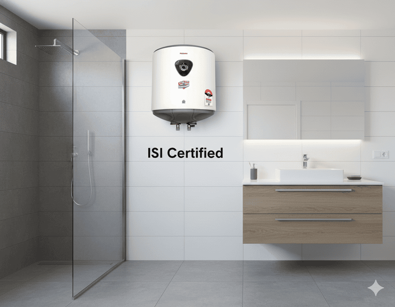 A close-up of the ISI Certified logo on the body of the Padmini 10L water heater.