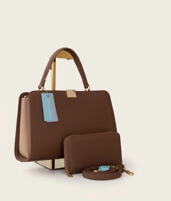 Chrisbella Elegant Structured Handbag Set with Matching Pouch & Shoulder Strap