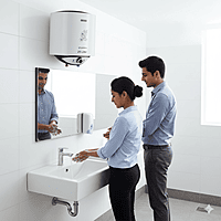 Close-up of the temperature control knob and indicator lights on the Usha Cylandra geyser.