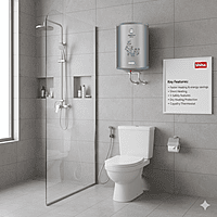 The Usha brand logo displayed on the twinkling grey water heater. The Usha brand logo displayed on the twinkling grey water heater.