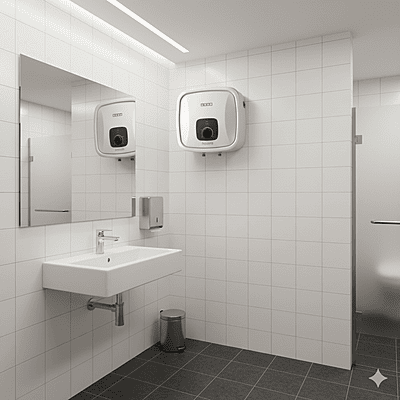 The digital temperature display on the front panel of the Usha Aquerra 25L geyser.