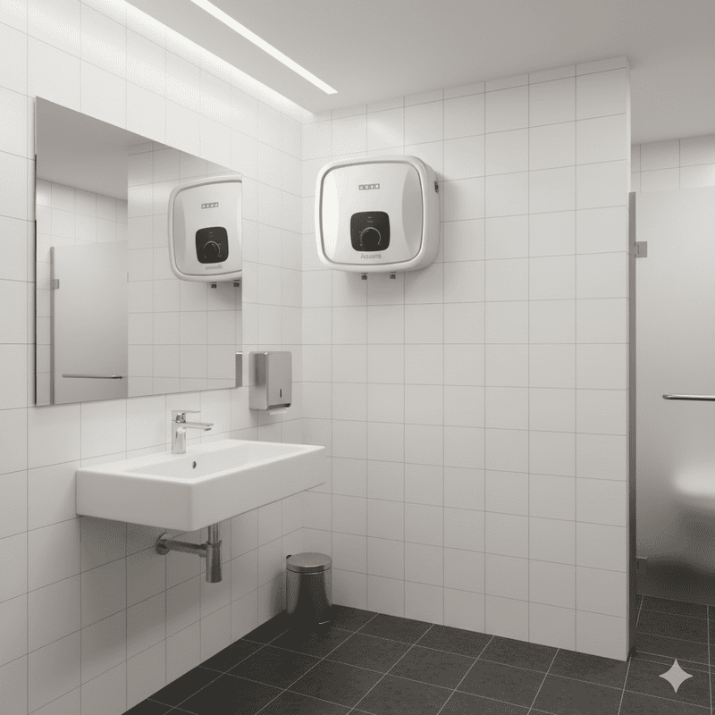 The digital temperature display on the front panel of the Usha Aquerra 25L geyser.