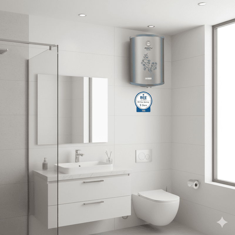 The minimalist design of the Usha Misty 50L twinkling grey water heater.