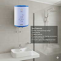 A white Usha water heater (geyser) decorated with a blue hibiscus flower pattern. A white Usha water heater (geyser) decorated with a blue hibiscus flower pattern.