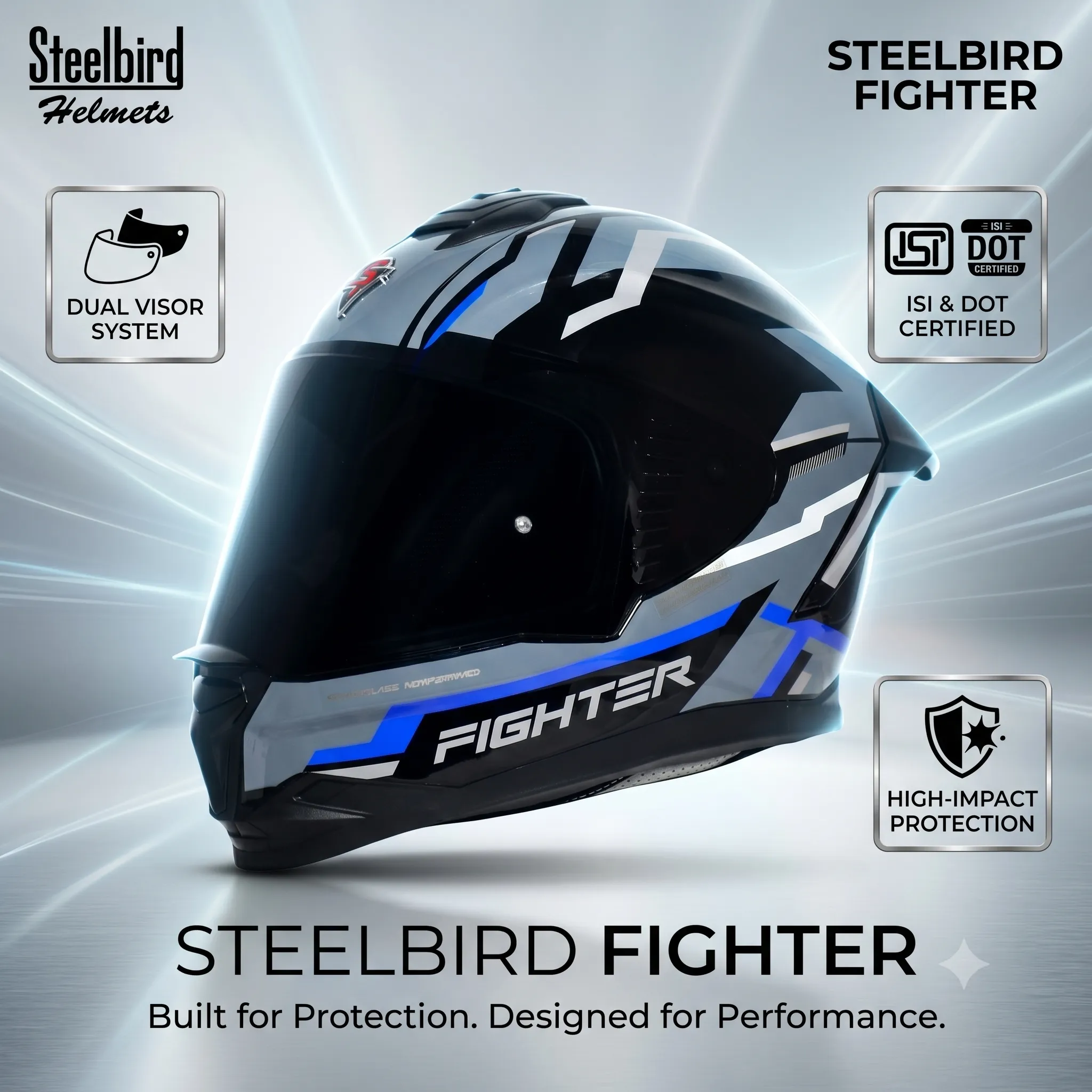 STEELBIRD SBH-57 ISS FIGHTER STEALTH X GLOSSY BLACK/BLUE C/V 600MM WITH EXTRA SMOKE VISOR STEELBIRD SBH-57 ISS FIGHTER STEALTH X GLOSSY BLACK/BLUE C/V 600MM WITH EXTRA SMOKE VISOR