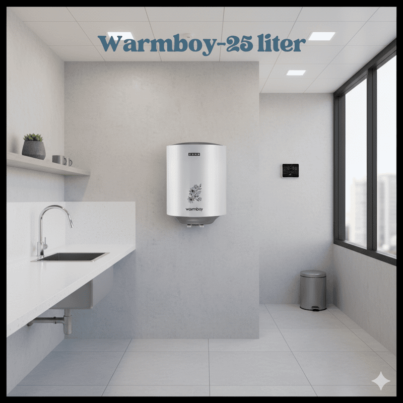 Usha's energy-efficient Warmboy 25-liter water heater against a neutral background.