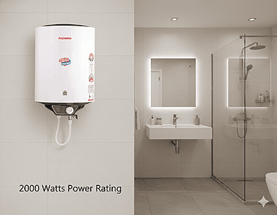 The Padmini Majesty 15L geyser, a 2000-watt appliance designed for quick heating. The Padmini Majesty 15L geyser, a 2000-watt appliance designed for quick heating.