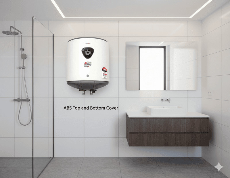 The shockproof ABS top and bottom cover of the Padmini 10L water heater.