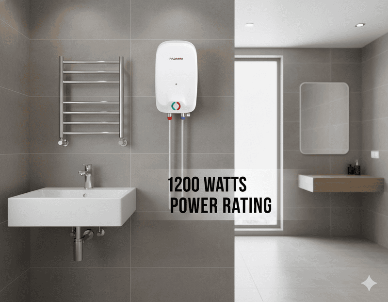 The 1200 Watts energy-saving heating element of the Padmini 3L water heater.