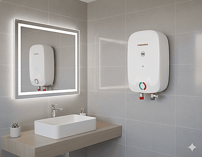 A close-up of the ISI Certified logo on the Padmini Electric Instant Water Heater.