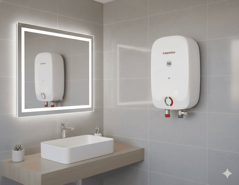 A close-up of the ISI Certified logo on the Padmini Electric Instant Water Heater.