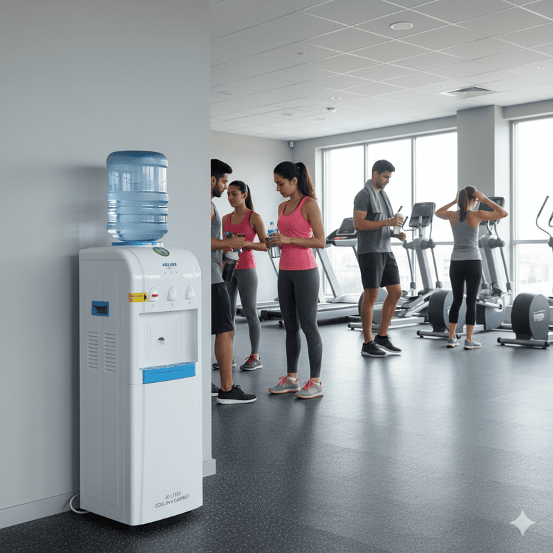 A person taking a chilled bottle from the 20L refrigerated cabinet of the Voltas Water Dispenser.
