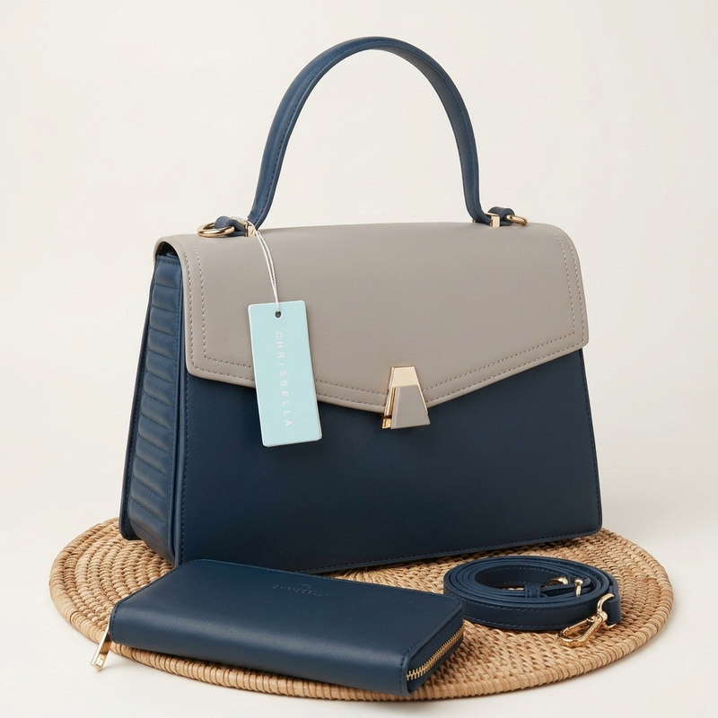 Chrisbella Two-Tone Structured Handbag with Matching Wallet
