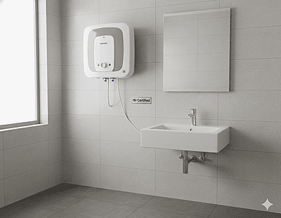 A close-up of the ISI Certified logo on the body of the Padmini Electric Water Heater. A close-up of the ISI Certified logo on the body of the Padmini Electric Water Heater.