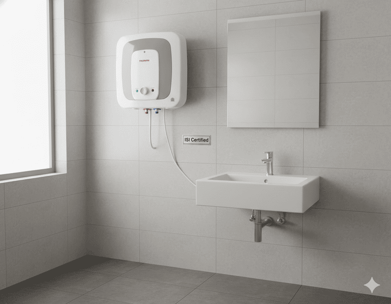 A close-up of the ISI Certified logo on the body of the Padmini Electric Water Heater.