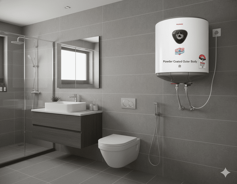 The durable, rust-proof powder-coated outer body of the Padmini electric water heater.