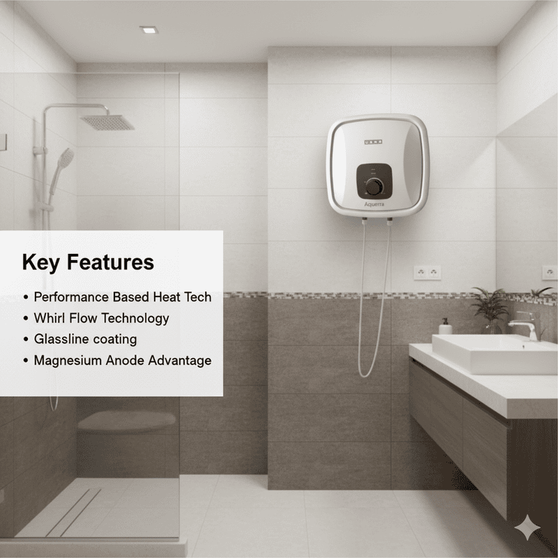 The 5-star energy efficiency rating label on the Usha Aquerra water heater.