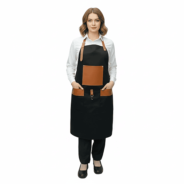 Unisex Professional Long Apron – Twill Cotton with Leather Trim Details