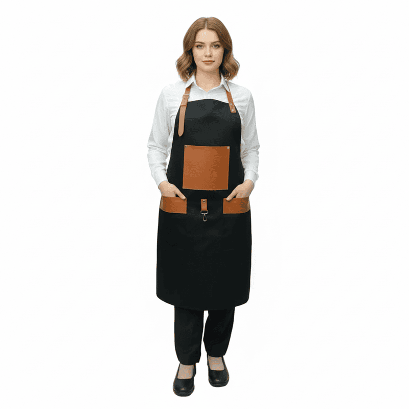 Unisex Professional Long Apron – Twill Cotton with Leather Trim Details