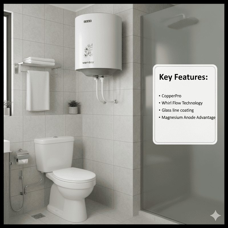 A close-up of the Usha brand logo on the 25-liter Warmboy water heater.