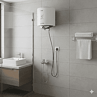 A front view of the white Usha Cylandra 25-liter electric storage water heater.