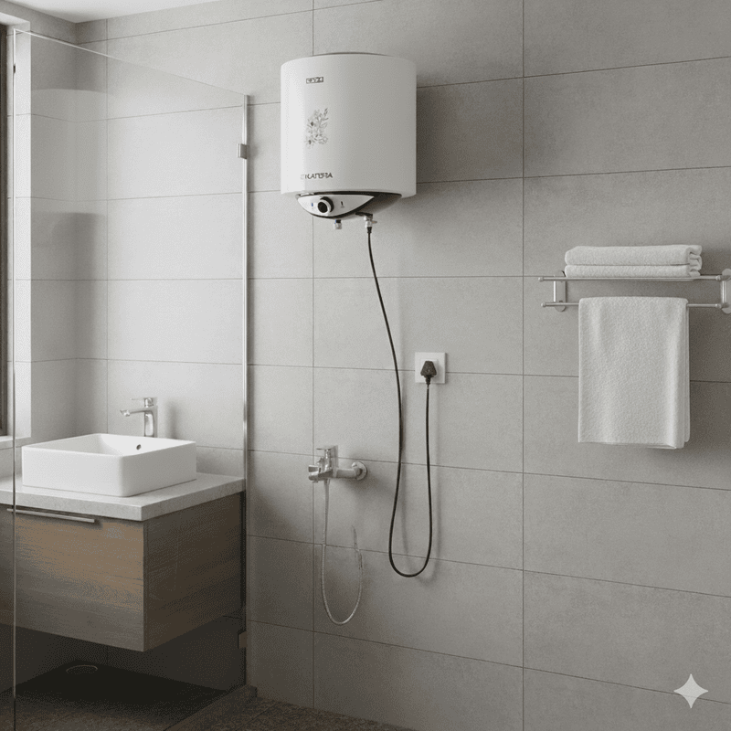 A front view of the white Usha Cylandra 25-liter electric storage water heater.