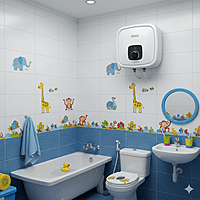 A lifestyle image showing the Usha Aquerra 25L geyser installed in a family bathroom. A lifestyle image showing the Usha Aquerra 25L geyser installed in a family bathroom.
