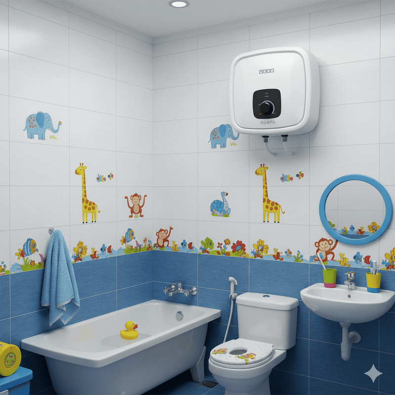 A lifestyle image showing the Usha Aquerra 25L geyser installed in a family bathroom.