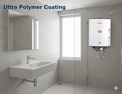 Front view of the Padmini Majesty 15L geyser, highlighting its external temperature control knob. Front view of the Padmini Majesty 15L geyser, highlighting its external temperature control knob.