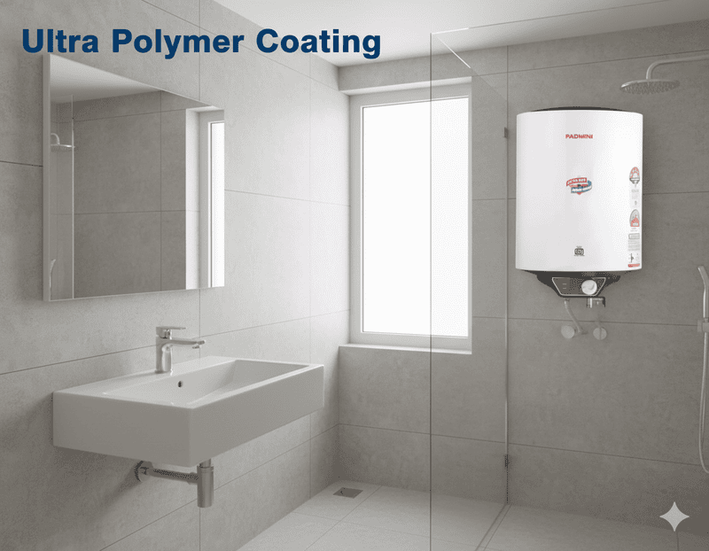 Front view of the Padmini Majesty 15L geyser, highlighting its external temperature control knob.