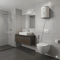 Usha Misty 15 litre electric storage water heater showing its vertical design. Usha Misty 15 litre electric storage water heater showing its vertical design.