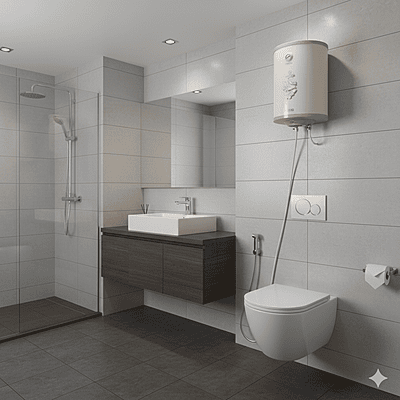 Usha Misty 15 litre electric storage water heater showing its vertical design.