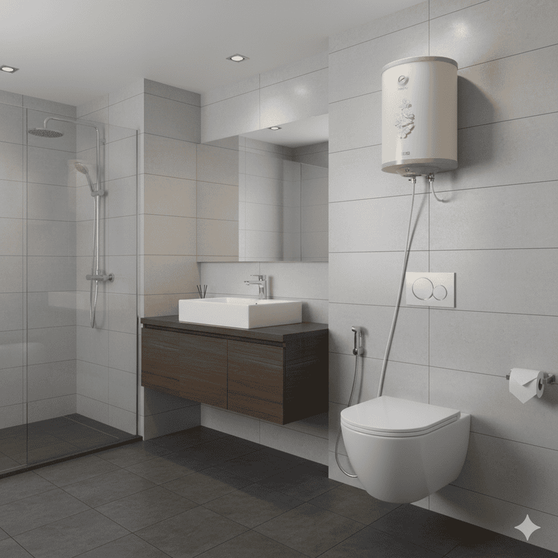 Usha Misty 15 litre electric storage water heater showing its vertical design.