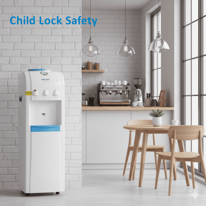 A person dispensing hot water from the child-safe tap of the Voltas Water Dispenser.