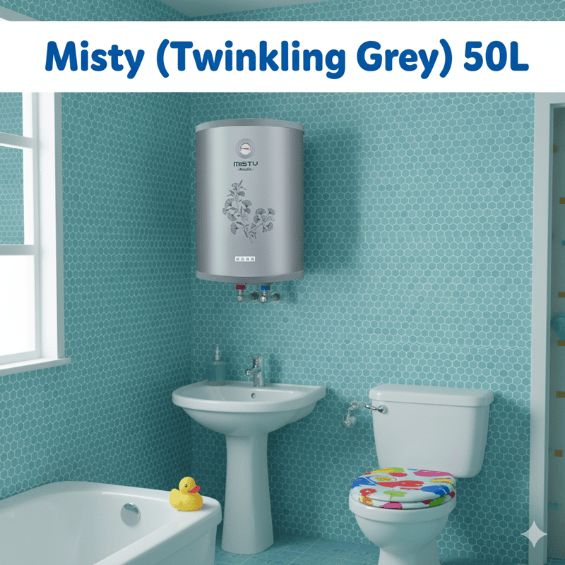 Wall-mounted Usha 50L water heater in a sparkling twinkling grey color.