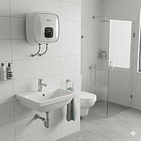The Usha Aquerra 25L geyser is mounted on a modern tiled bathroom wall. The Usha Aquerra 25L geyser is mounted on a modern tiled bathroom wall.