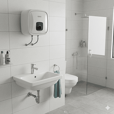 A product shot of the Usha Aquerra 15L geyser against a clean white background.