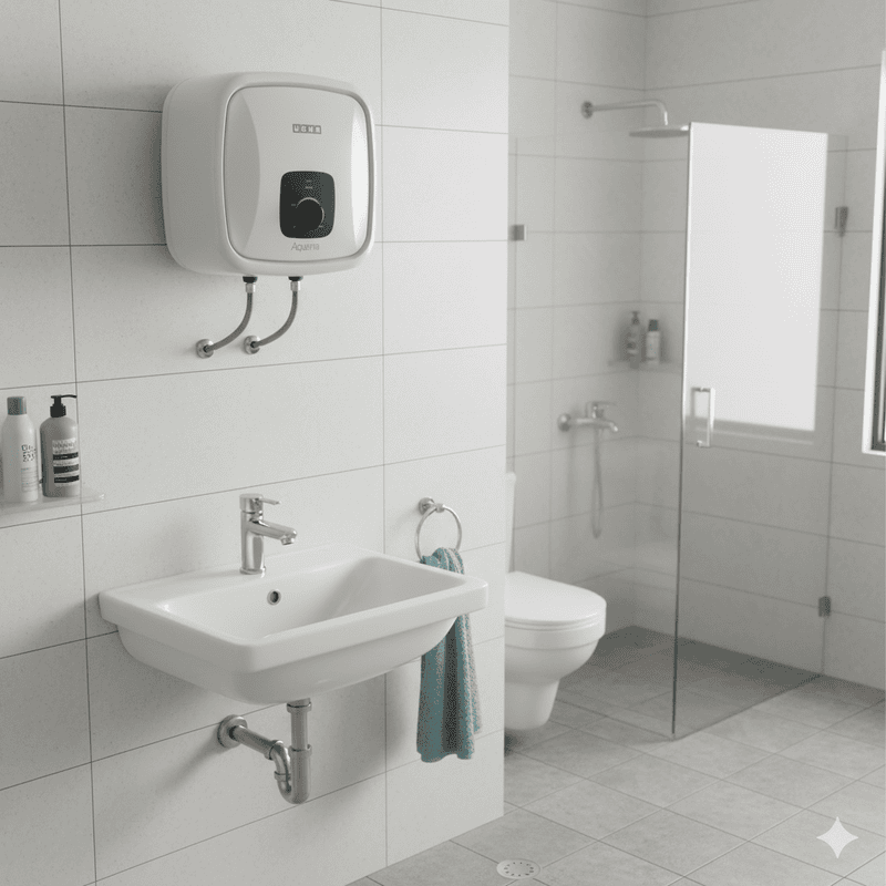 A product shot of the Usha Aquerra 15L geyser against a clean white background.