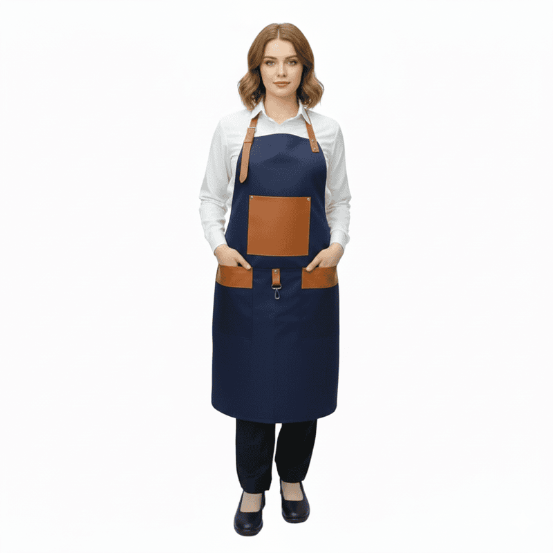 Unisex Professional Long Apron – Twill Cotton with Leather Trim Details