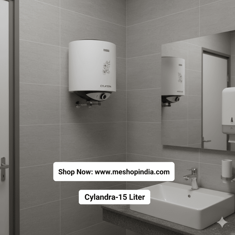 A close-up of the branding and indicator lights on the Usha Cylandra 15L water heater.