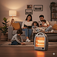 Front view of the USHA Halogen Heater HH 4002 showing its two heat settings and oscillation switch. Front view of the USHA Halogen Heater HH 4002 showing its two heat settings and oscillation switch.