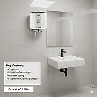 Sleek design of the Usha Cylandra 15-liter electric geyser for modern bathrooms.