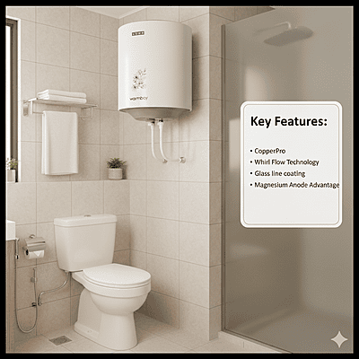 A Usha Warmboy 15-liter water heater providing hot water in a home setting. A Usha Warmboy 15-liter water heater providing hot water in a home setting.